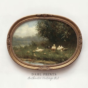 May include: Oval framed vintage art print featuring a pastoral scene with ducks and ducklings near a body of water. The artwork is set in a gold-colored ornate frame. The text "DAHL PRINTS Authentic Vintage Art" is printed at the bottom of the frame.