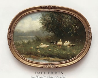 Lámina artística de patos vintage: pintura de paisaje primaveral, decoración rústica de pared de granja, obra de arte de patitos campestres (descarga digital)