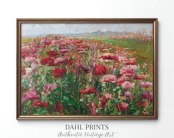 ポピー畑の絵画ヴィンテージ、アンティークカントリー風景画、野生の花