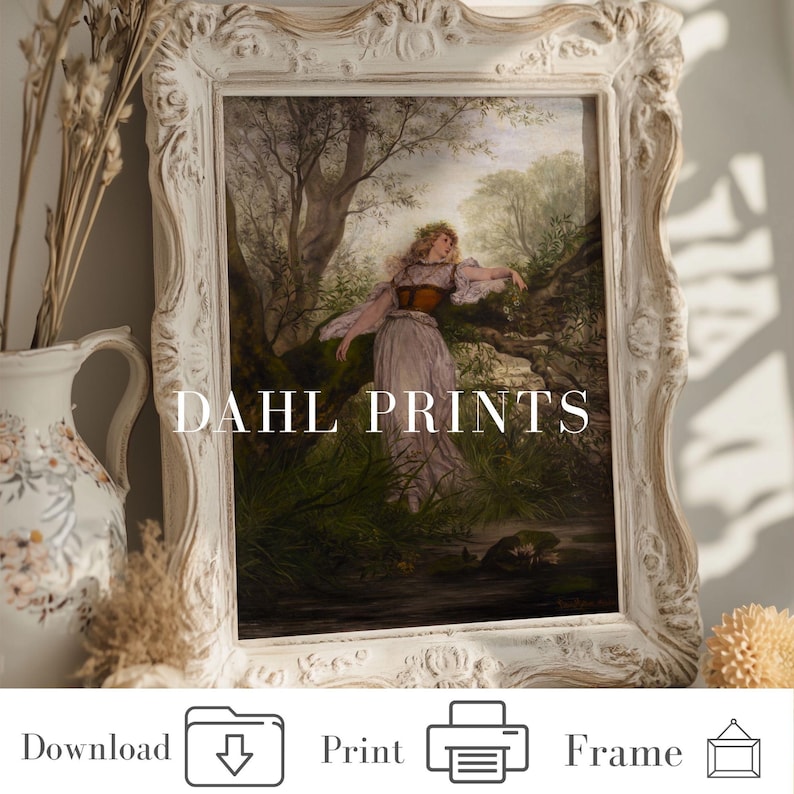 May include: A rectangular wall art print in an ornate, distressed cream-colored frame featuring a painting of a person in a light-colored dress standing in a forest near a stream. The text DAHL PRINTS is centered over the image. Below are icons for download, print, and frame.