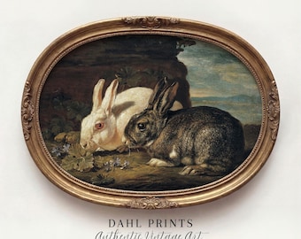 Conejos campestres vintage (IMPRIMIBLE): Decoración de pared rústica con un toque de humor, impresión artística de conejos navideños de primavera, pintura al óleo clásica (descarga digital)