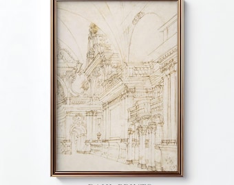 May include: A framed architectural sketch in sepia tones. The artwork depicts a detailed interior with columns, arches, and ornate details. The frame is a warm brown. The text at the bottom reads "DAHL PRINTS Authentic Vintage Art."