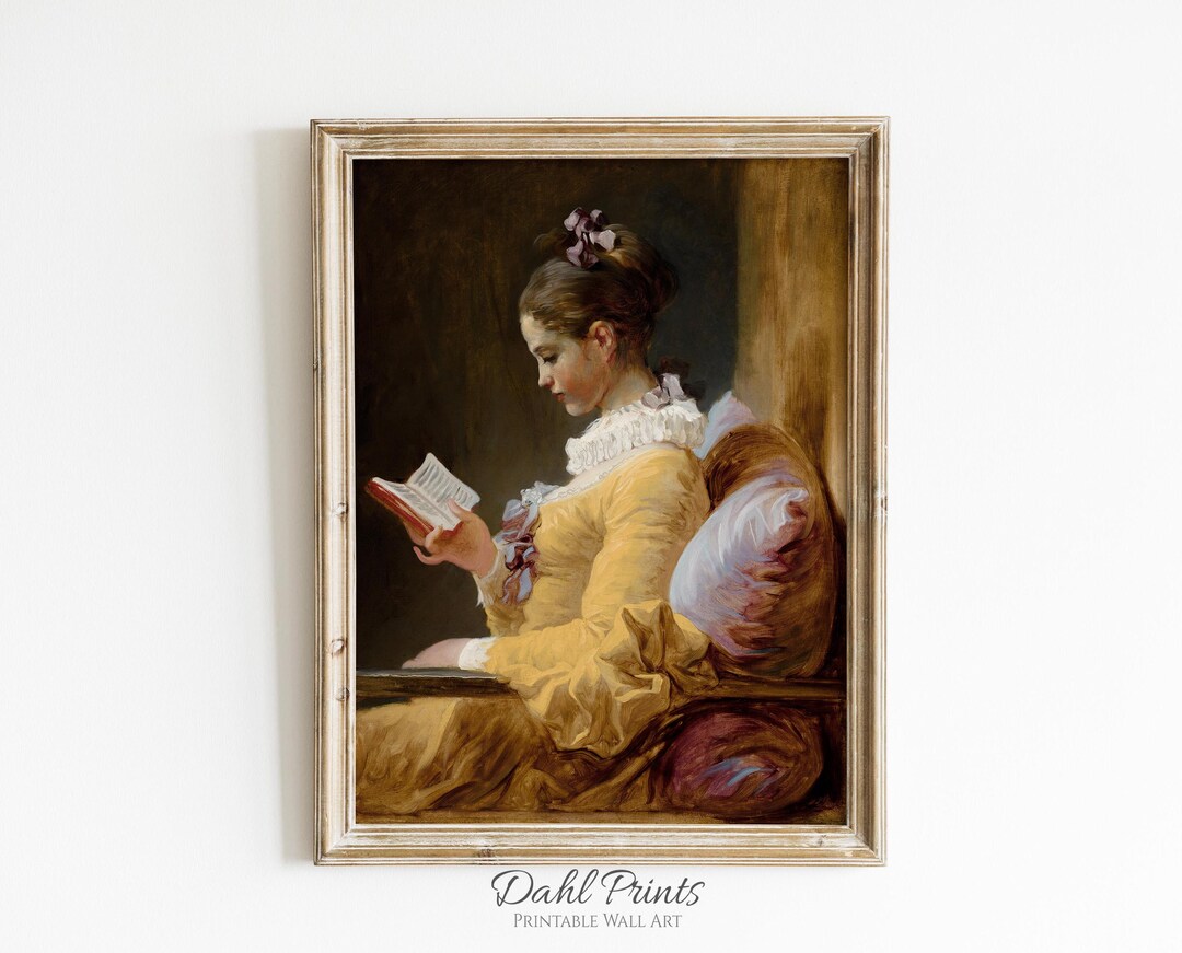 Girl Reading Book Moody Painting, Vintage Female Portrait Wall Art ...