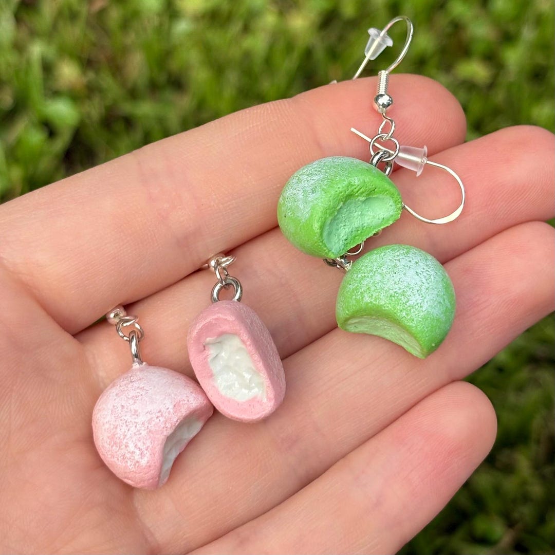 SydsMinis Miniature Strawberry and Matcha Mochi Icecream Hand-sculpted Dangly Polymer Clay Earrings Gift Presents