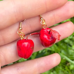 SydsMinis Miniature Fantastic Mr Fox Inspired Apple Handmade Dangly Polymer Clay Earrings Gift Presents