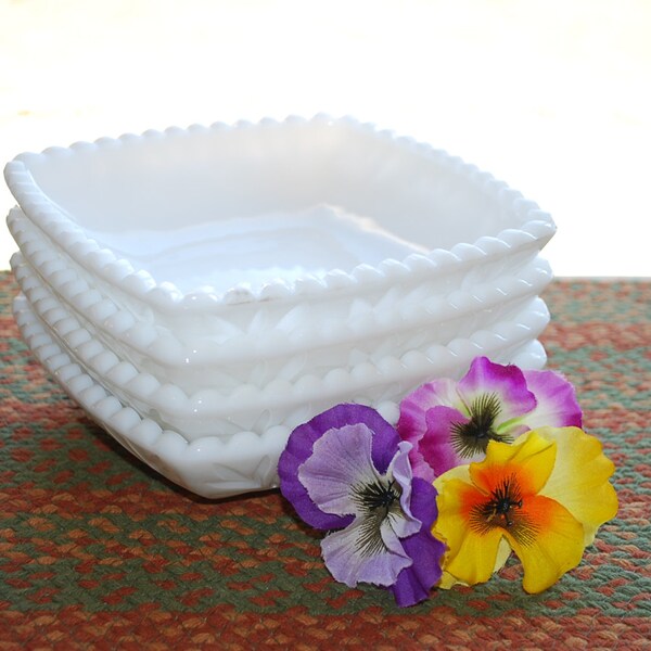 Four Piece Set of Hazel Atlas Square Diamond Floral Patterned Milk Glass Bowls