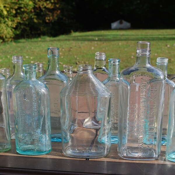 Vintage Large Bottle Collection, Fifteen, Flat Panel, Blue Bottles, Wedding Vases/Decor.
