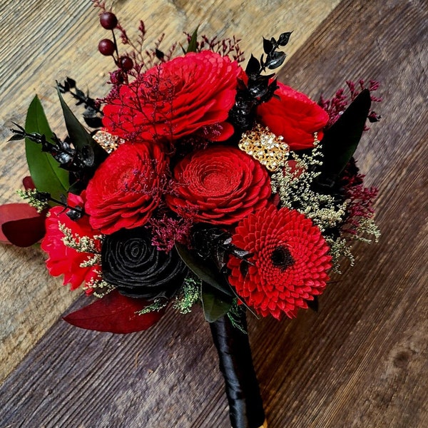 Red and Black Prom Bouquet, Zinnia Bouquet, Wood Flowers for Events, Presentation Bouquet