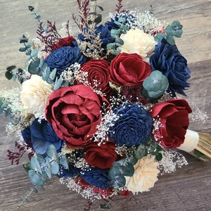 Burgundy and Navy Blue Wood Flower Bouquet with Eucalyptus, Winter Wedding Flowers