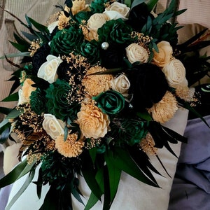 Glam Emerald Bridal Cascading Bouquet, Wood Flower Bouquet with Greenery, Ecofriendly Wedding Bouquet, Hunter Green, Black and Gold Flowers image 1