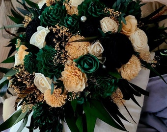 Glam Emerald Bridal Cascading Bouquet, Wood Flower Bouquet with Greenery, Ecofriendly Wedding Bouquet, Hunter Green, Black and Gold Flowers