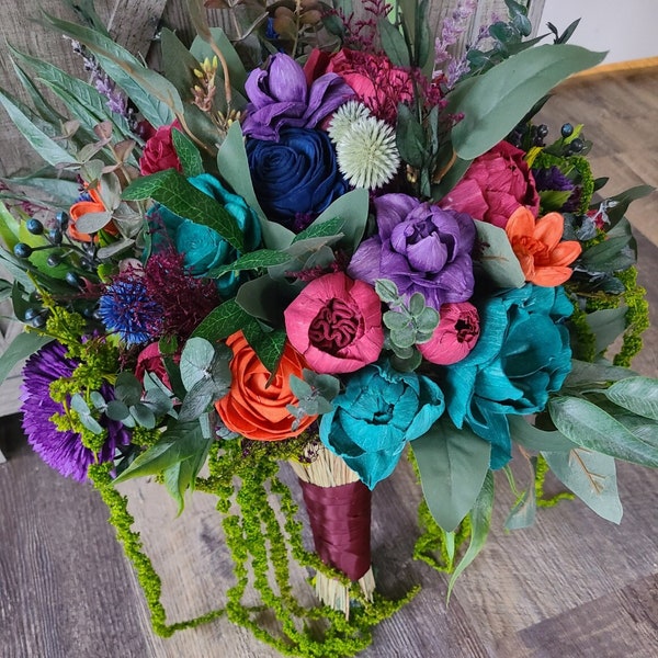 Moody Jewel Toned Wood Flower Bouquet, Teal and Purple Sola Bride Bouquet, Hanging Greenery Bouquet