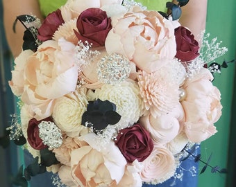 Wood bouquet,  wooden flower bouquet,  rustic bouquet,  dried flowers,  wedding arrangement,  alternative flowers, peony bouquet,  sola wood
