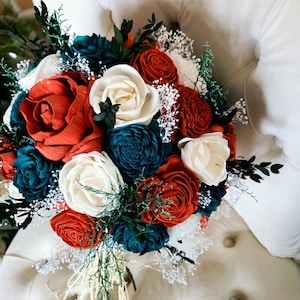Teal and Orange Bouquet, Wood Flowers Bouquet, Rust and Dark Teal Wedding Flowers