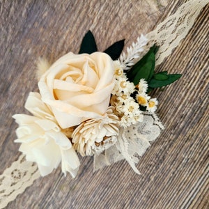 Neutral Wood Flower Wedding Wrist Corsage, Soft Peach and Ivory Mom Corsage, Wedding Party Flowers, Woodsy Rustic Wedding Flowers