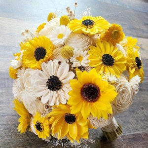 White and Yellow Sunflower Bouquet, Wood Daisy Bridal, White Roses and Sunflowers, White Gerber Daisy and Rose Wedding Decor Arrangement
