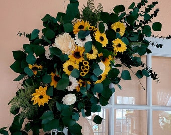 Sunflower Wedding Arbor Swag, Wood Flower Arch Decor, Fall Flowers with Eucalyptus Spray, Sunflower and Daisy Wedding Decor