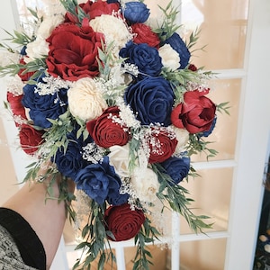Burgundy Wine and Navy Wood Flowers, Cascade Bouquet, Bridal Teardrop Bouquet