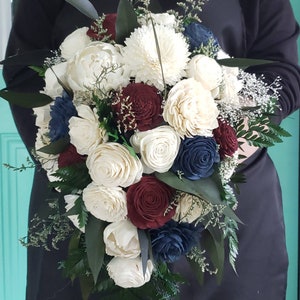 Cascade bouquet, sola wood flower teardrop bouquet,  burgundy and navy wooden flowers