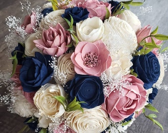 Navy and dusty pink bouquet,  dusty rose wedding flowers, Dark Blue and Muted Pink Bridal Bouquet, Sola Wood Flowers, Custom bouquet Colors