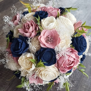 Navy and dusty pink bouquet,  dusty rose wedding flowers, Dark Blue and Muted Pink Bridal Bouquet, Sola Wood Flowers, Custom bouquet Colors