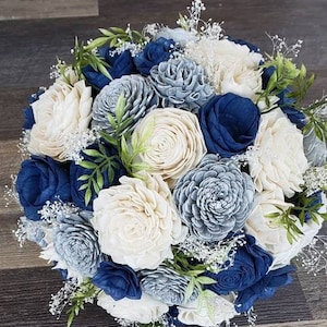 Silber-Blau-Blumenstrauß, dunkelblauer Blumenstrauß, Soli-Holzblume