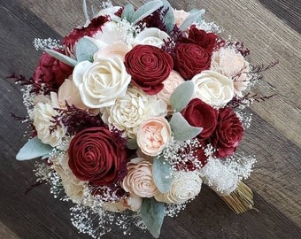 Burgundy and blush bouquet,  lambs ear bouquet,  sola wood flowers