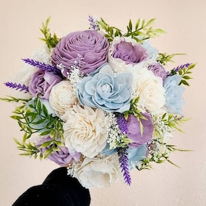 Purple and blue wood flower bouquet, light blue and lilac wooden bride bouquet, lavender and baby blue wedding image 1