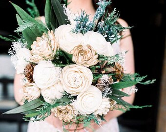 Evergreen bouquet, sola flower bouquet, winter wedding bouquet, ivory flowers, pine bouquet