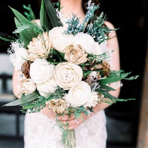 Evergreen bouquet, sola flower bouquet, winter wedding bouquet, ivory flowers, pine bouquet image 1