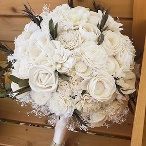 Ivory Wood Bouquet with Eucalyptus, Neutral Wedding Flowers, Sola Wood Flower Bouquet