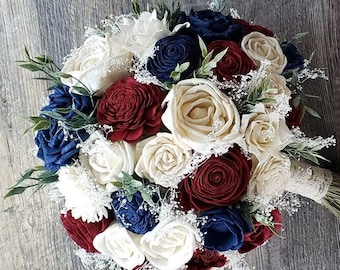 Burgundy and Navy Blue Wood Flower Bouquet, Sola Wood Flower Bridal Flowers, Dark Blue and Wine Bridal Party, Custom Color Bouquet