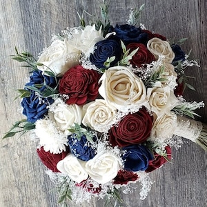 Burgundy and Navy Blue Wood Flower Bouquet, Sola Wood Flower Bridal Flowers, Dark Blue and Wine Bridal Party, Custom Color Bouquet