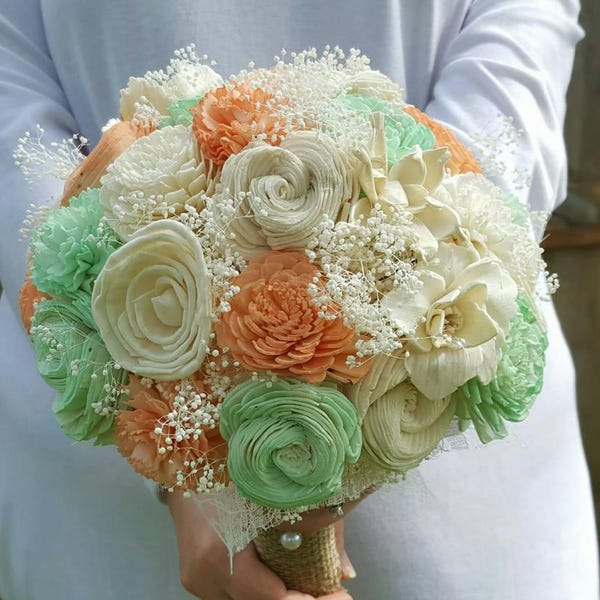 Sola Flower Bouquet, Wood Flower Bouquet, Romantic Wedding Bouquet, Eco friendly Flowers, Rustic Bouquet, Burlap Bouquet, Peach and Mint