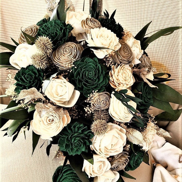 Green and Gold Cascade Bouquet, Emerald and Metallic Gold Cascade, Greenery Bouquet with Wood Flowers