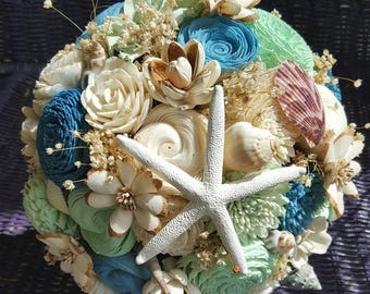 Sola Beach Bouquet, Sola Flower, Wooden Flower Bouquet, Beach Wedding, Sea Bouquet, Seashell Bouquet, Starfish Bouquet, Dried Flowers