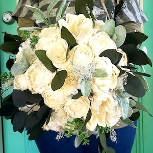 Natural ivory sola flower bouquet with greenery,  dark green eucalyptus, artificial flower bouquet, Fake Flowers Wedding Bouquet