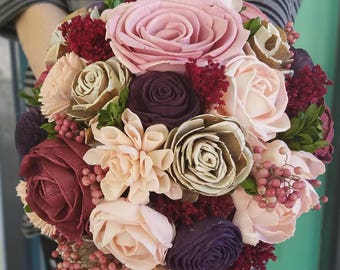 Wooden Flower English Garden Bouquet, Purple and Pink Flowers, Hand-Tied Wedding Bouquet, Peony and Rose Wooden Flower, Bridal Bouquet