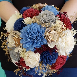Country Rustic Burgundy, Navy, and Steel Blue Sola Flower Bouquet, Wooden Flower Bouquet, Rustic Bouquet