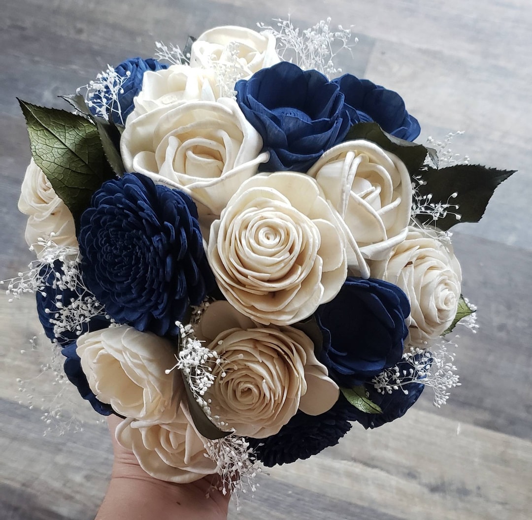 Navy Blue Flowers, Wood Flower Bouquet, Dark Greenery Bouquet