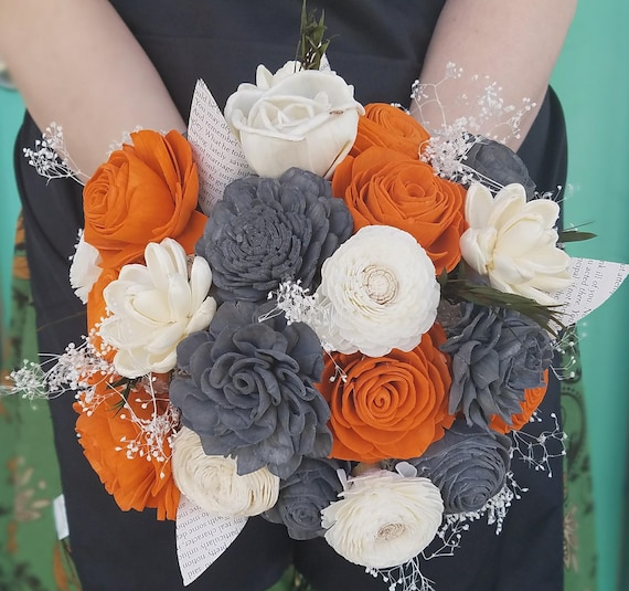 Sola Flower Book Bouquet, Orange and Grey Bouquet, Fall
