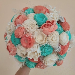 Coral and Aqua Blue Wood Flower Bouquet for Brides, Bridesmaid Bouquet, Wooden Flowers, Beach Bouquet with Peach and Lightly Turquoise Blue