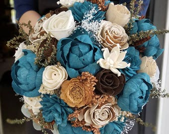 Teal Sola Flower Bouquet, Wooden Flower Bouquet, Fall Bridal Bouquet