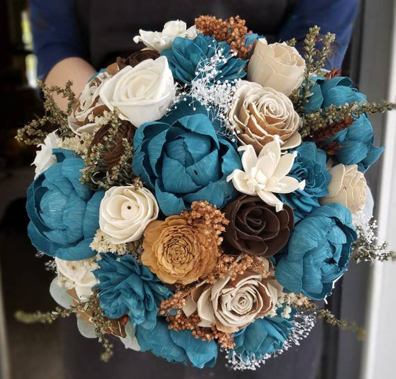 Teal Sola Flower Bouquet Wooden Flower Bouquet Fall Bridal | Etsy