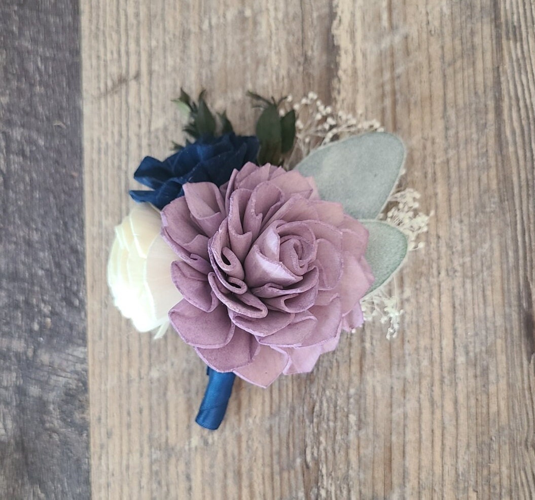 Lavender and Navy Blue Boutonniere, Wood Flower Men's Flowers