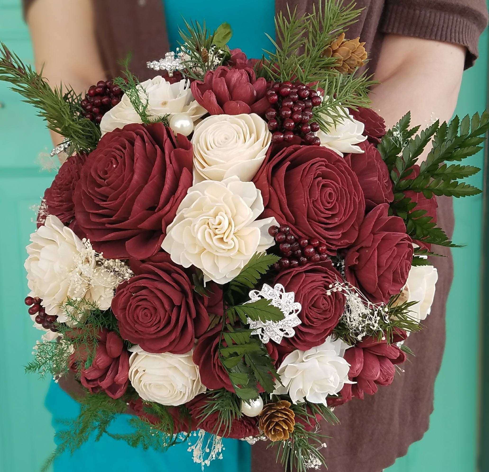 Burgundy Sola Flower Bouquet, Evergreen and Berries, Winter