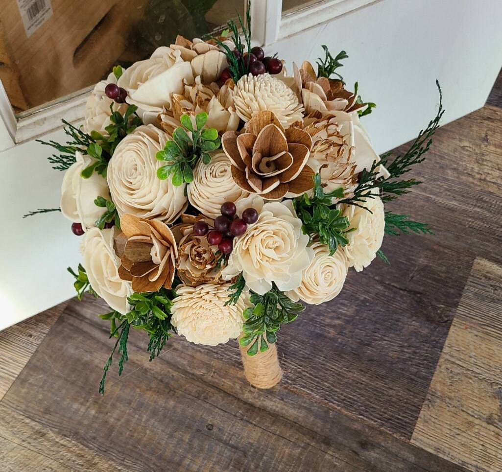 Bark Wood Flower Bouquet, Dark Blue and Cedar Bouquet, Woods Theme