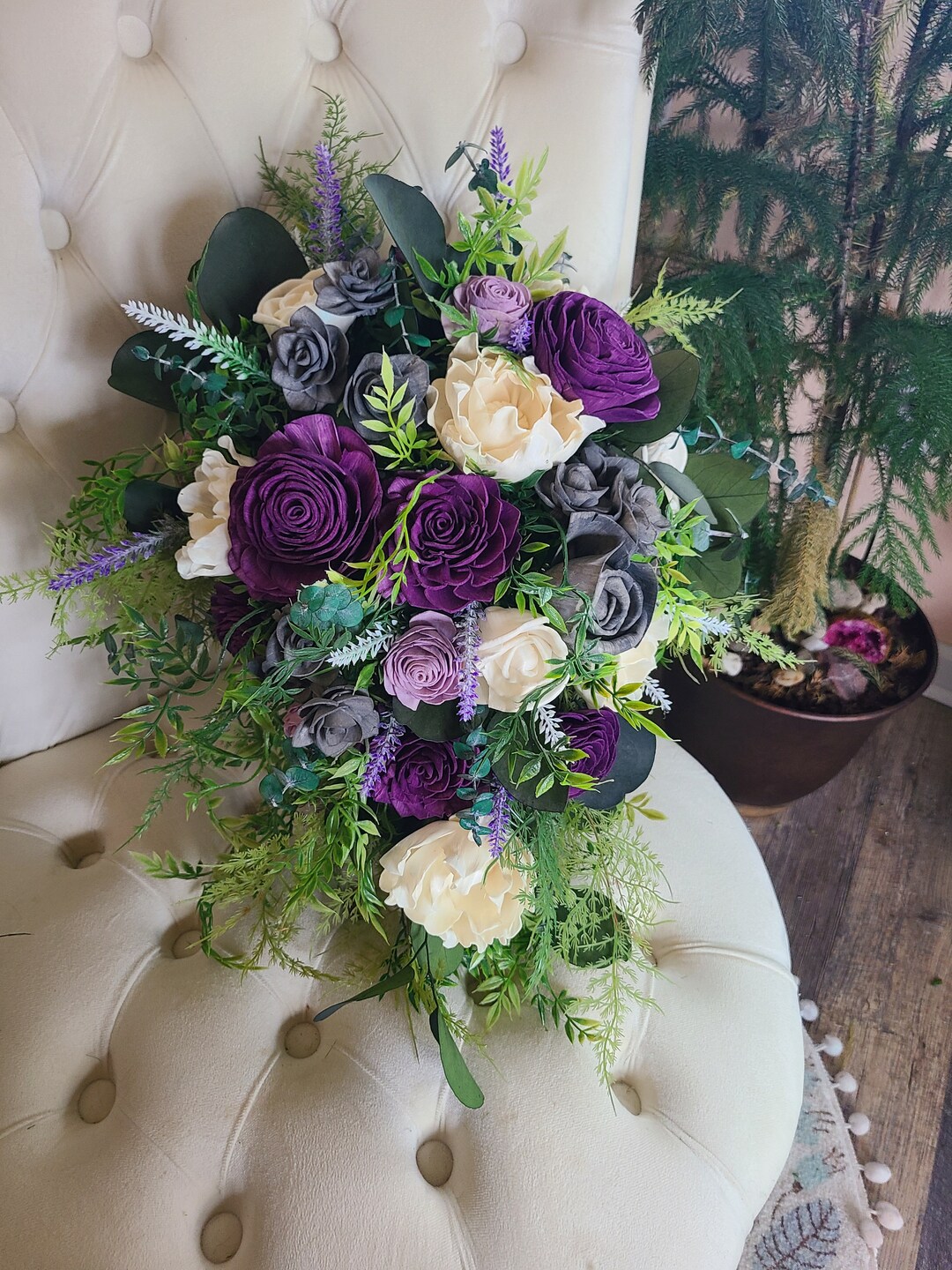 Purple Sola Wood Flower Cascade Bouquet: Everlasting Wedding Decor - Etsy