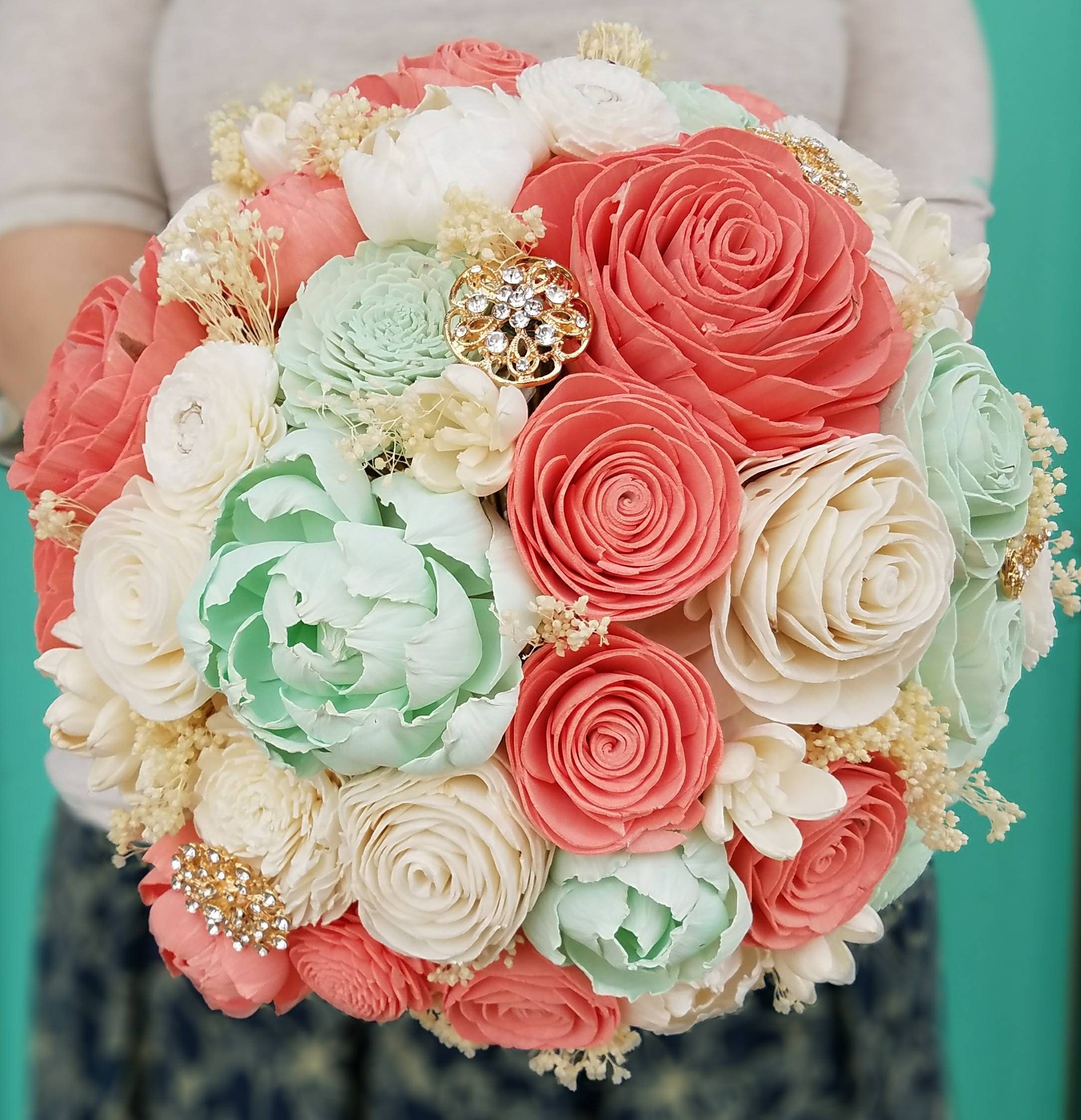 Peach and Mint Wooden Bouquet, Coral and Mint Sola Beach Bouquet