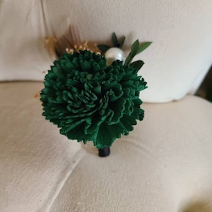 Puede incluir: Una flor de clavel verde con un acento de perla y hojas verdes. La flor está unida a un tallo negro.